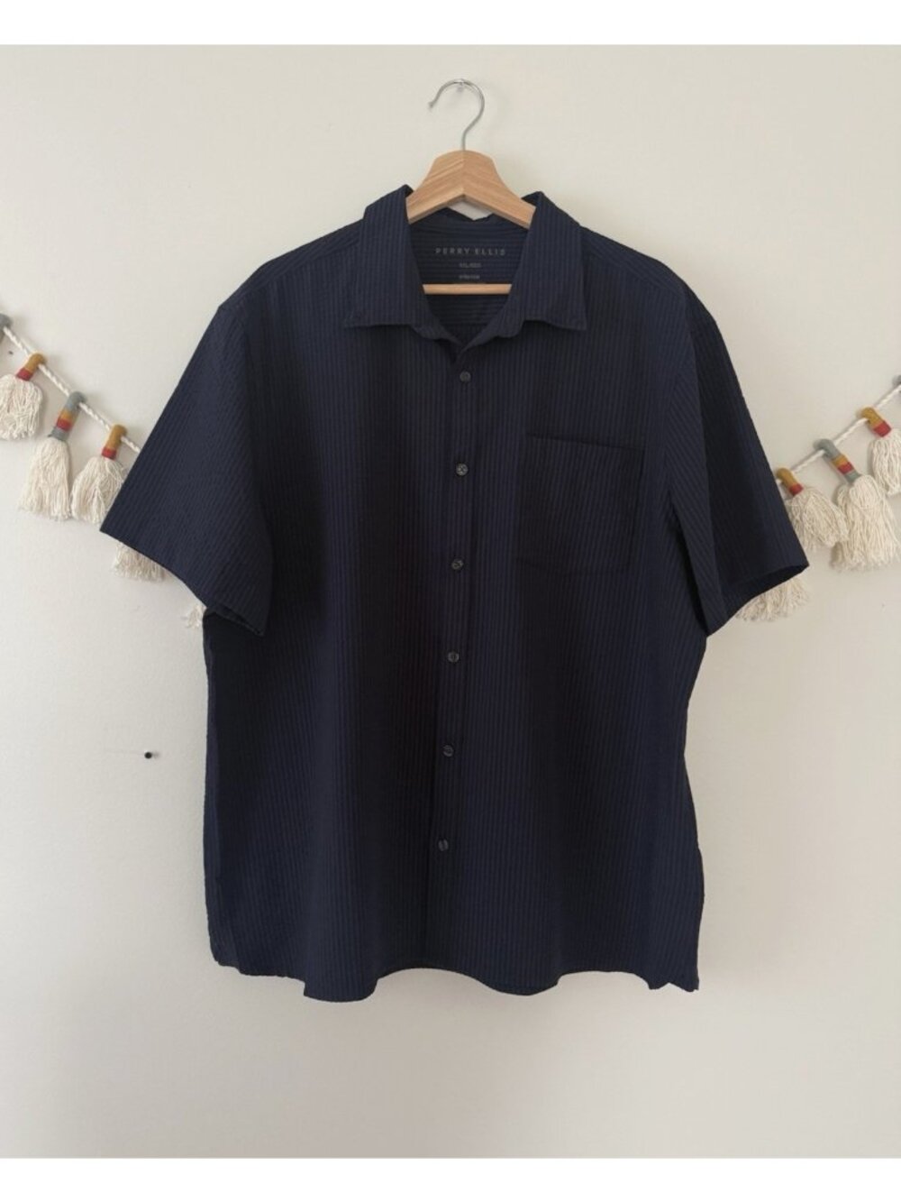 Perry Ellis Stretch Navy Button Down Pinstripe Shirt Performance Lightweight XXL